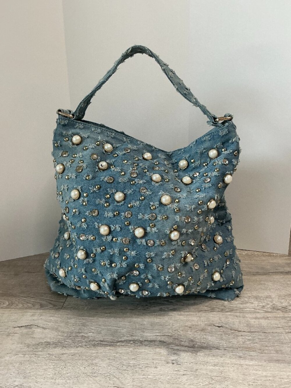 Large Denim Shoulder Bag Faux Pearl Rhinestone Studded Hobo Tote Y2K Boho Purse